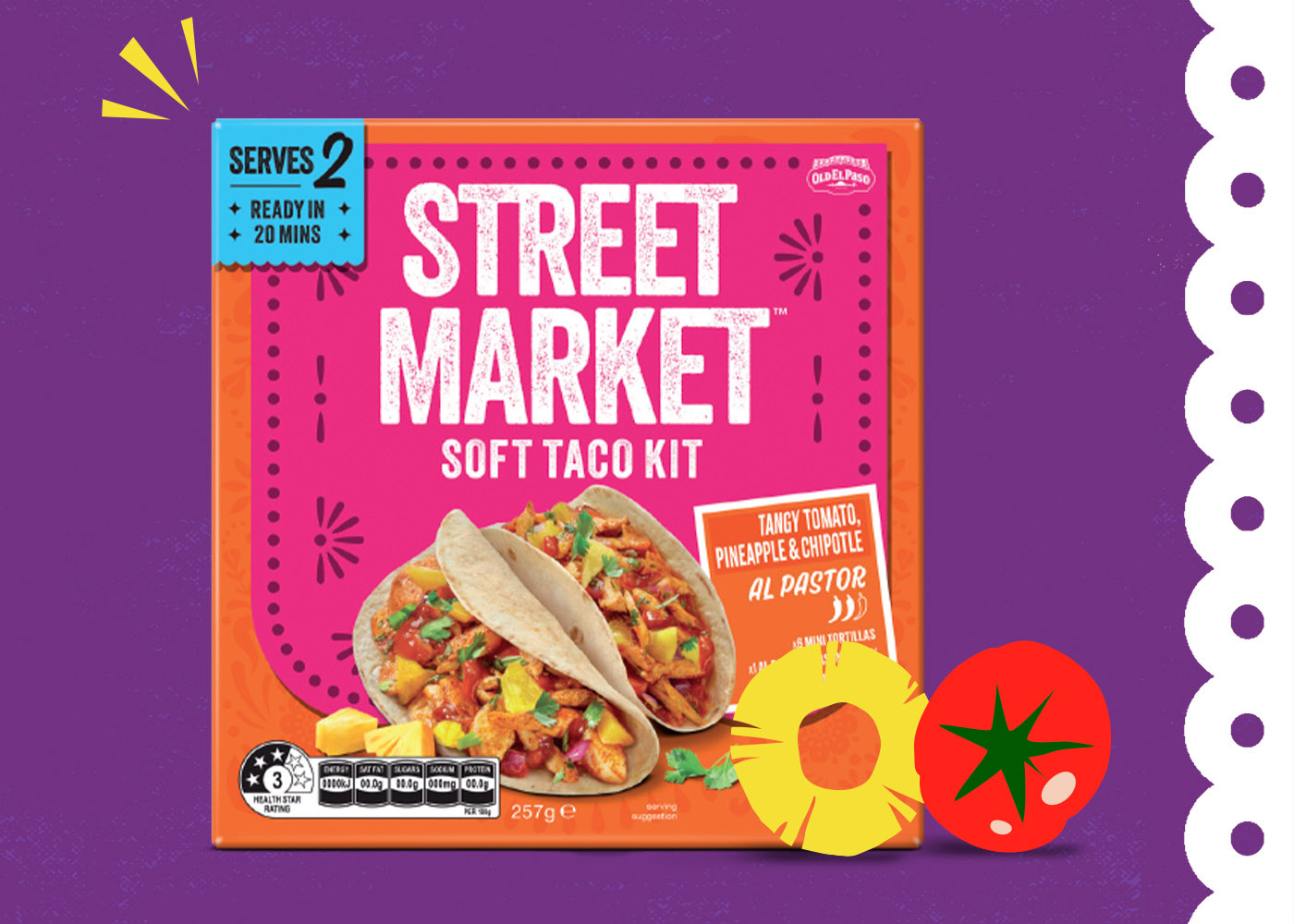 Street Market Soft Taco Kit box with al pastor tacos, pineapple, and tomato illustrations on a purple background.