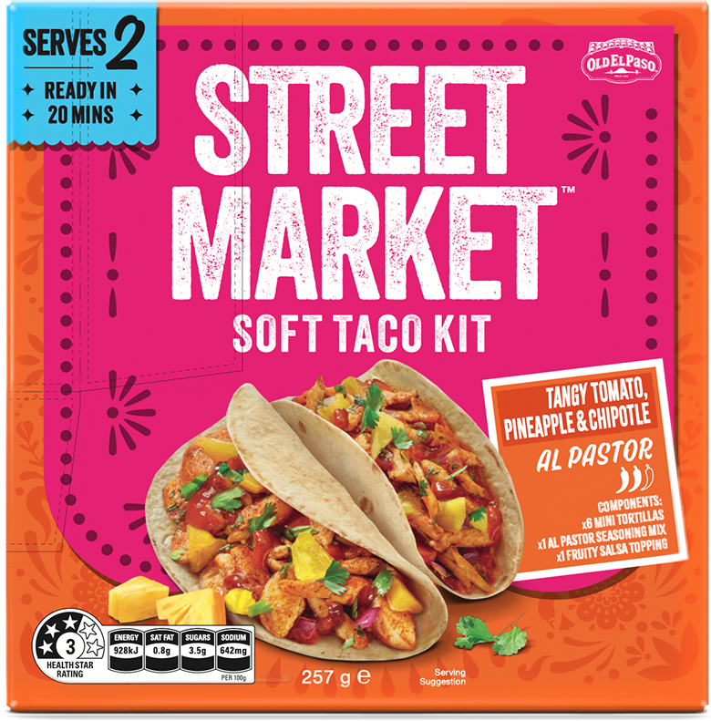 Street Market Soft Taco Kit box with an image of two tacos, serving details, and product description.