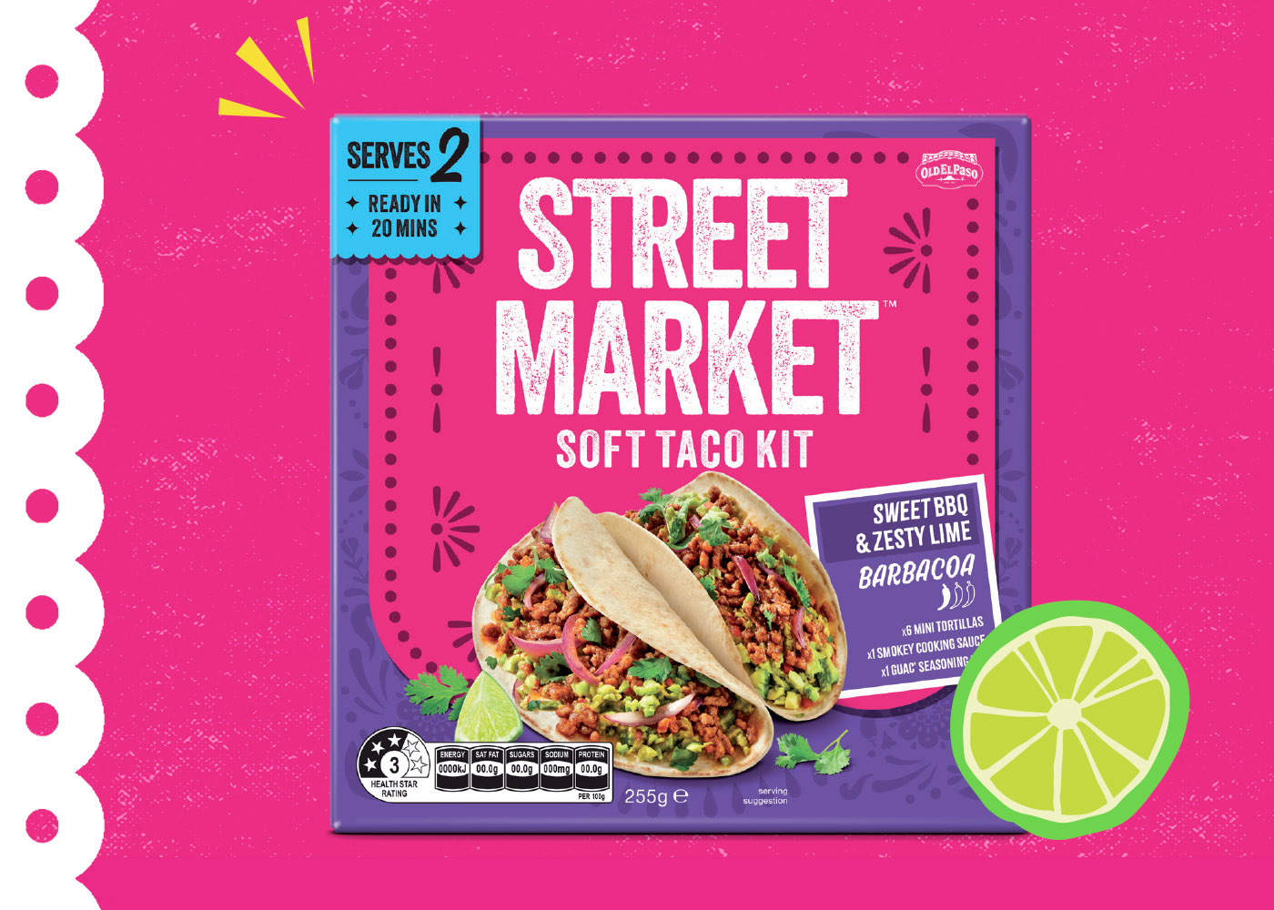 Street Market Soft Taco Kit packaging with two tacos, a lime slice, and product details on a pink background.
