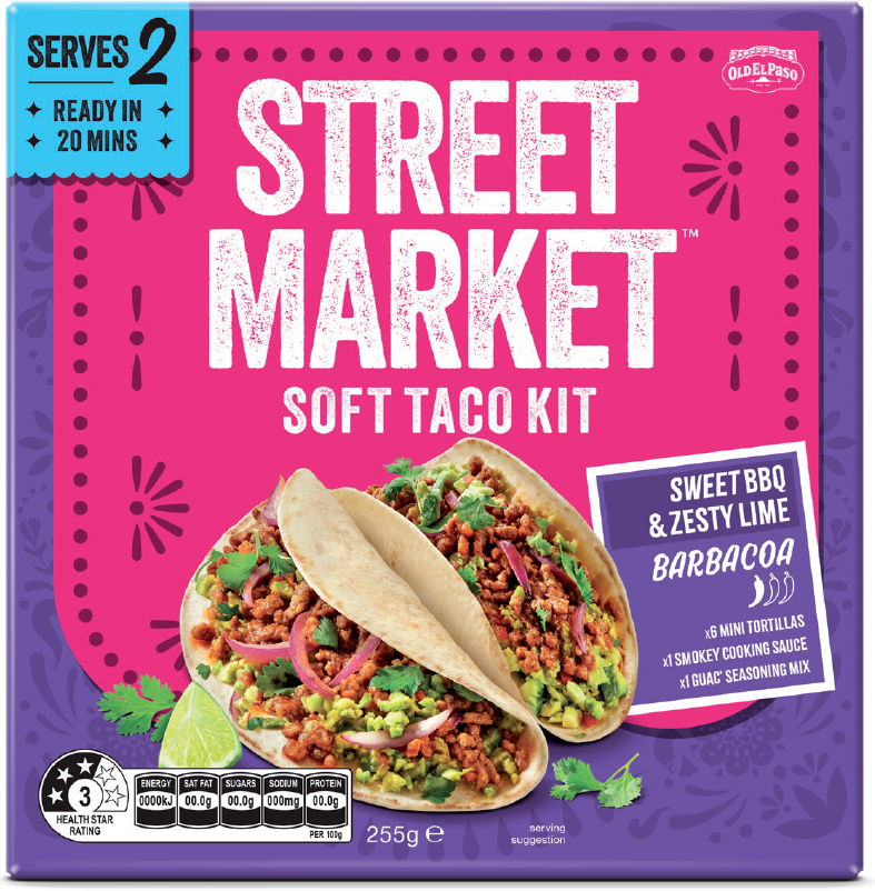 Street Market Soft Taco Kit box with image of filled tacos and product details on a purple background.