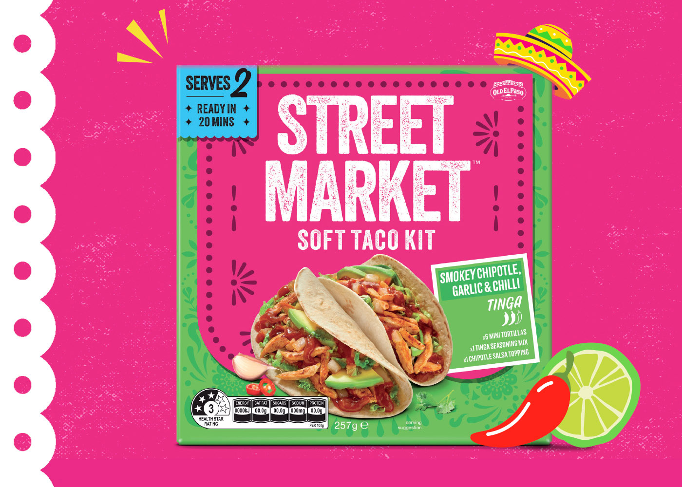 A taco kit box labeled "Street Market Soft Taco Kit" with tacos pictured on a pink and green background.
