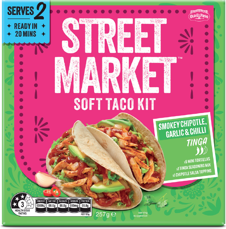 Street Market Soft Taco Kit box with image of tacos and product details on a pink and green background.